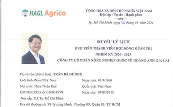 Sơ yếu lý lịch của ông Trần Bá Dương - Chủ tịch THACO - ứng cử vị trí thành viên Hội đồng quản trị HAGL Agrico