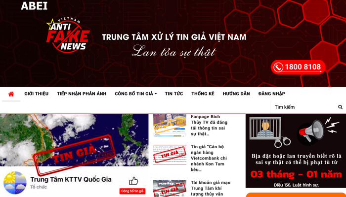 Trang điện tử của Trung tâm xử lý tin giả Việt Nam.