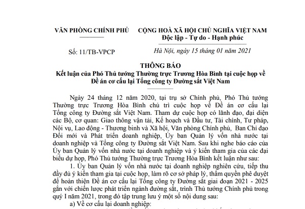 kết luận của Phó Thủ tướng Thường trực Chính phủ Trương Hòa Bình về Đề án cơ cấu lại Tổng Công ty Đường sắt Việt Nam
