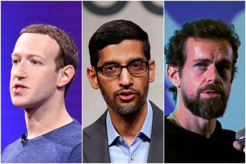 CEO Facebook Mark Zuckerberg, CEO Google Sundar Pichai và CEO Twitter Jack Dorsey (Từ trái qua phải)