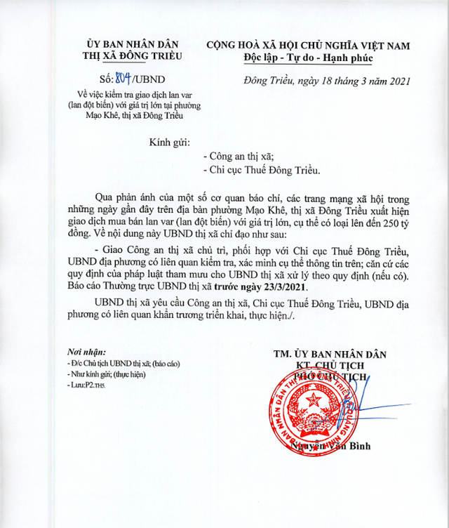 Văn bản UBND Tx. Đông Triều gửi cơ quan chức năng xác minh vụ mua bán lan var Ngọc Sơn Cước trị giá 250 tỷ đồng