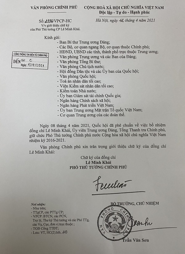 Văn bản giới thiệu chữ ký của Phó Thủ tướng Chính phủ Lê Minh Khái