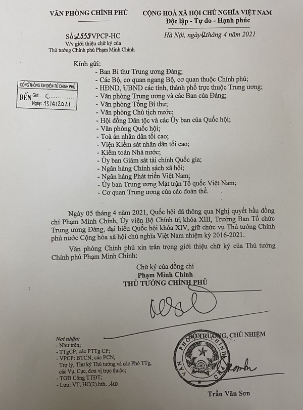 Văn bản giới thiệu chữ ký của Thủ tướng Chính phủ Phạm Minh Chính