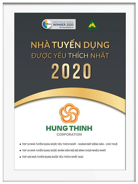 Chứng nhận Tập đoàn Hưng Thịnh được vinh danh trong Top Nhà tuyển dụng được yêu thích năm 2020 do CareerBuilder Việt Nam công bố