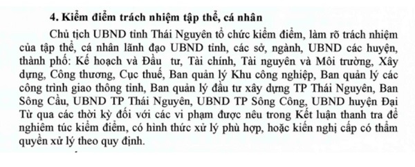 Tổng Thanh tra Chính phủ kiến nghị Thủ tướng chỉ đạo UBND tỉnh Thái Nguyên kiểm điểm trách nhiệm tập thể, cá nhân liên quan