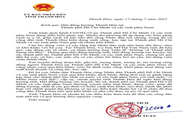 Thư của Chủ tịch UBND tỉnh Đỗ Minh Tuấn gửi Hội đồng hương Thanh Hóa tại Thành phố Hồ Chí Minh và các tỉnh phía Nam