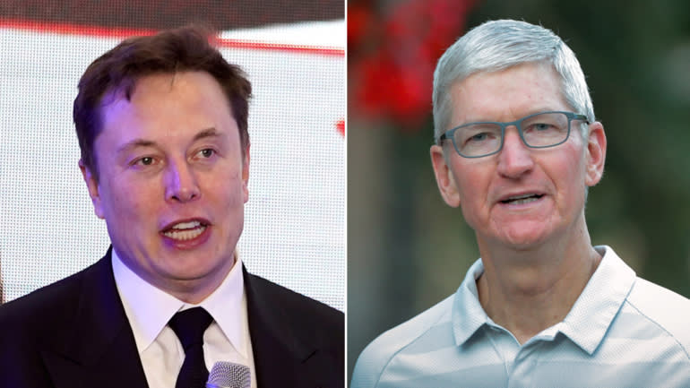 Giám đốc điều hành Tesla Elon Musk, trái và Giám đốc điều hành Apple Tim Cook: Tesla đã và đang tuyển dụng các kỹ sư nổi tiếng, những người đã tạo nên tên tuổi tại Apple và các nhà sản xuất chip tên tuổi. © Reuters