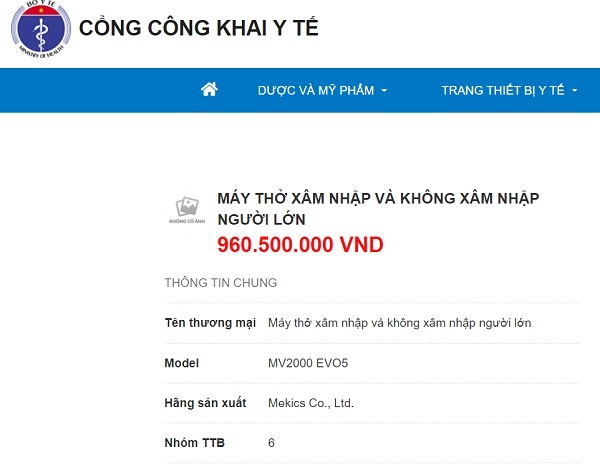 Giá máy thở niêm yết công khai trên https://congkhaiyte.moh.gov.vn là 960.500.000 VND/máy