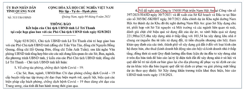 Trích văn bản số 5232 của UBND tỉnh Quảng Nam gửi Công ty TNHH Phát triển Nam Hội An liên quan tới việc điều chỉnh dự án Khu nghỉ dưỡng Nam Hội An thành dự án Khu đô thị nghỉ dưỡng Nam Hội An.