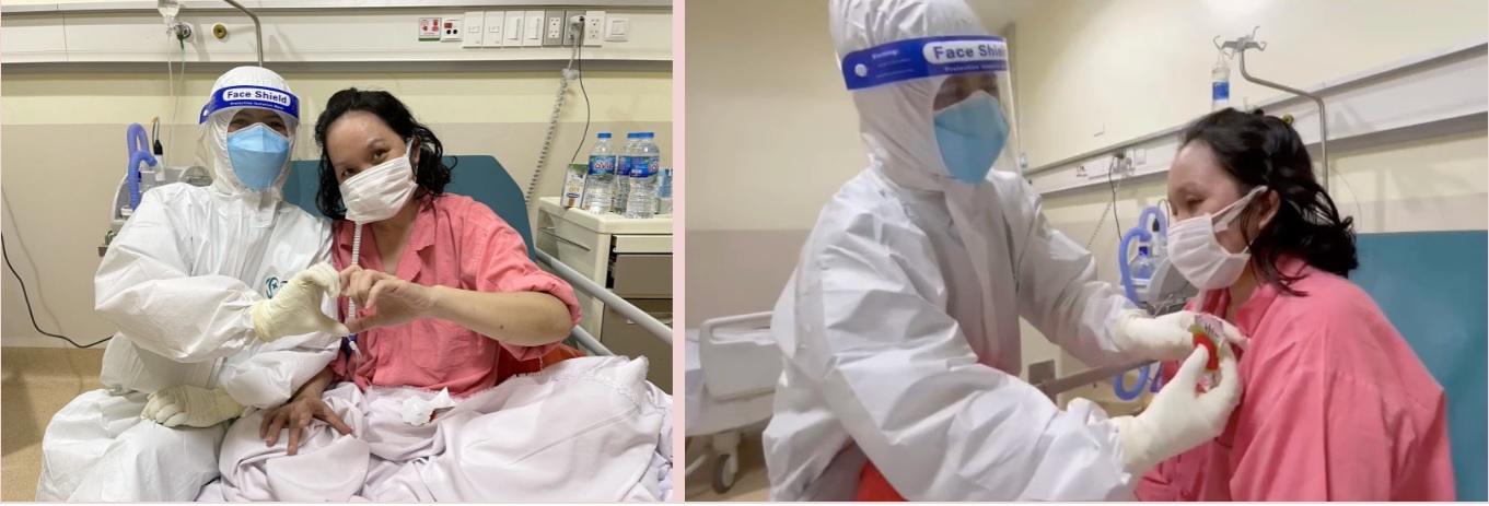 Bệnh nhân điều trị tại bệnh viện được bác sĩ cài bông hồng lên ngực trong dịp Vu lan