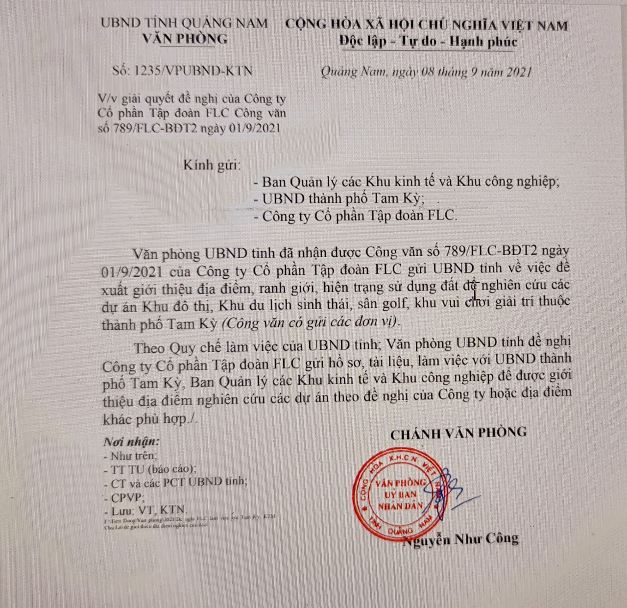 UBND tỉnh Quảng Nam vừa ban hành Công văn số 1235/VPUBND-KTN về việc giải quyết đề nghị của Công ty Cổ phần Tập đoàn FLC