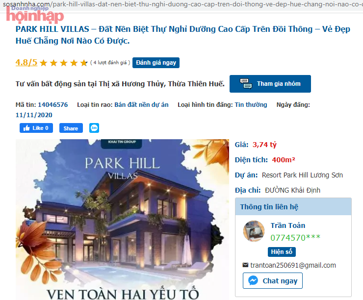 Rao bán đất nền dự án Park Hill Villas trên trang sosanhnha.com (Ảnh chụp màn hình ngày 18/10/2021)