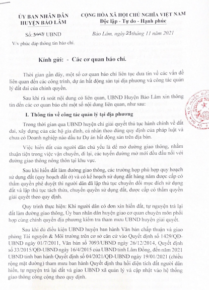 Một phần văn bản trả lời của UBND huyện Bảo Lâm