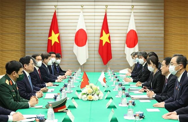 Thủ tướng Phạm Minh Chính hội đàm với Thủ tướng Nhật Bản Kishida Fumio. (Ảnh: Dương Giang)