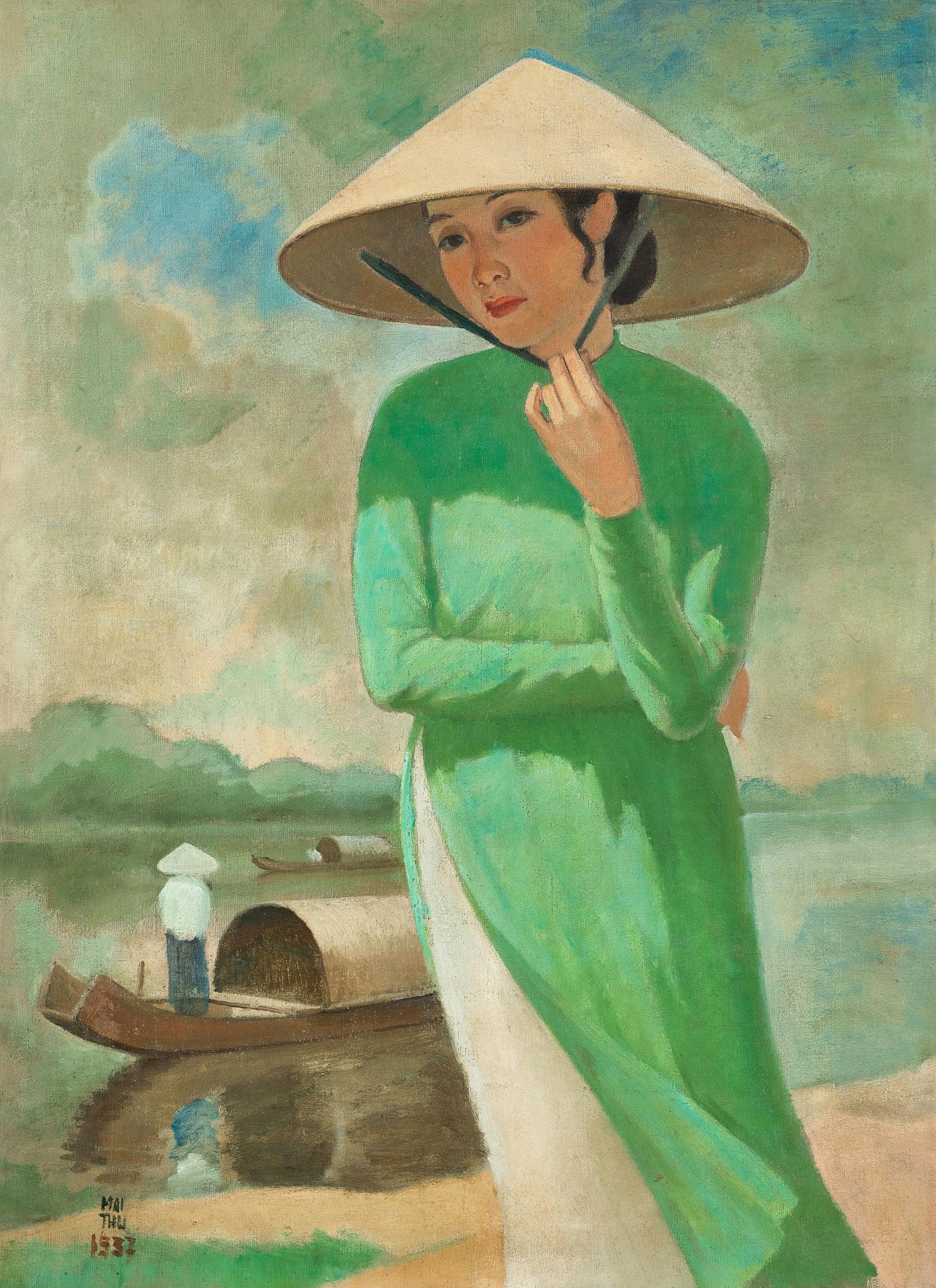 Bức Người phụ nữ đội nón lá bên sông. (Ảnh: Sotheby's Hong Kong)