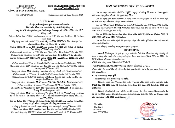 Quyết định số 581/QĐ-PCQN do ông Nguyễn Thanh Tĩnh – Giám đốc Công ty Điện lực Quảng Ninh ký phê duyệt.