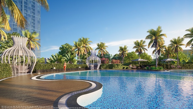 Bể bơi rộng gần 1.000m2 được thiết kế như ốc đảo nghỉ dưỡng giữa lòng đại đô thị.