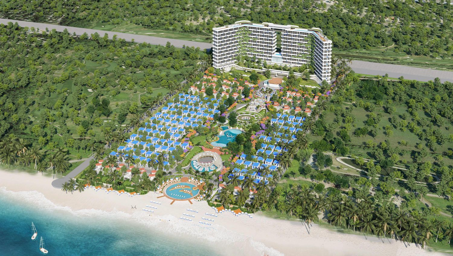 Dự án Cam Ranh Bay Hotels & Resort đã hiện hữu, nổi bật với cảm tác Hy Lạp tại Bãi Dài