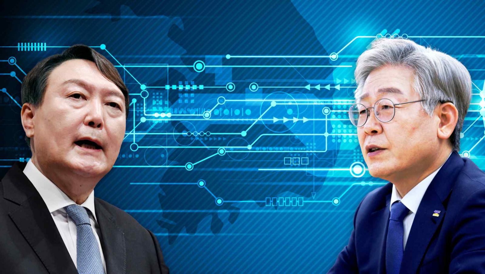 Hai ứng cử viên tổng thống chính - Yoon Suk-yeol của Đảng Quyền lực Nhân dân đối lập chính, bên trái và Lee Jae-myung của Đảng Dân chủ cầm quyền - đang cam kết điều hành nền kinh tế theo cách tạo điều kiện cho sự đổi mới trong khi cung cấp một mạng lưới an toàn . © Nikkei dựng phim / Nguồn ảnh của Reuters