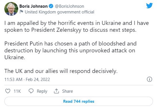 Thủ tướng Anh Boris Johnson đã đăng trên twitter