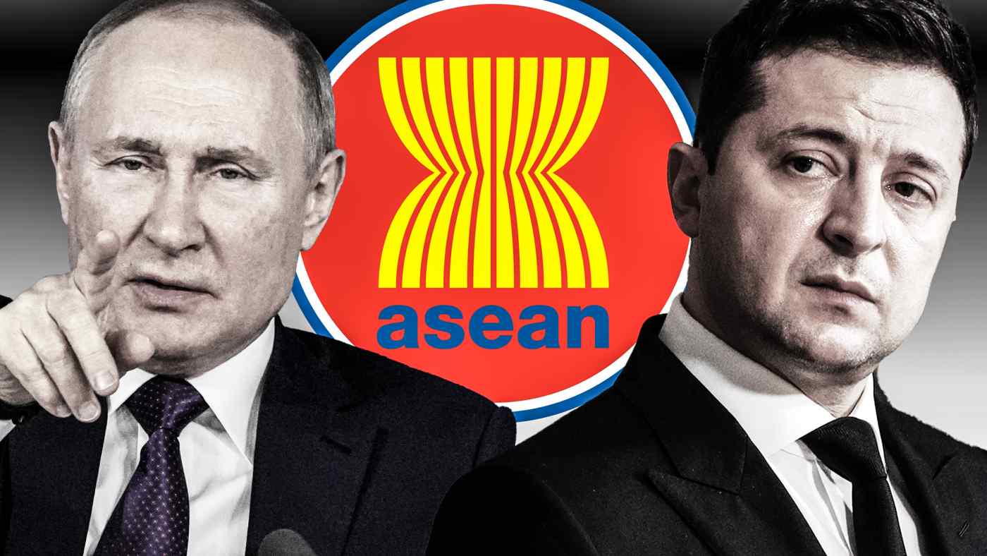 ASEAN bị kẹt giữa Tổng thống Nga Vladimir Putin, trái và Tổng thống Ukraine Volodymyr Zelenskyy. Các ý kiến ​​trong khối khác nhau, nhưng tác động của cuộc xung đột sẽ được cảm nhận bởi tất cả. (Nguồn ảnh AP)