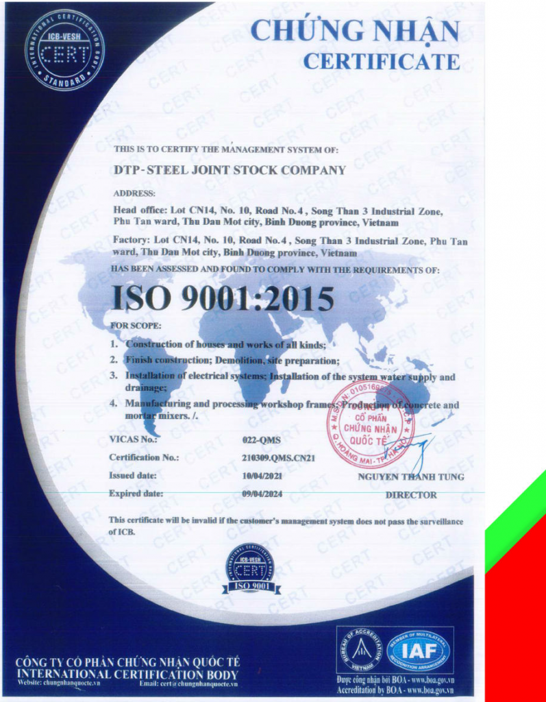DTP – Steel được cấp chứng nhận Hệ thống quản lý Chất lượng ISO 9001:2015