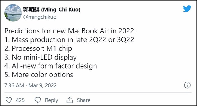 Ming-Chi Kuo đã đăng tải trên Twitter
