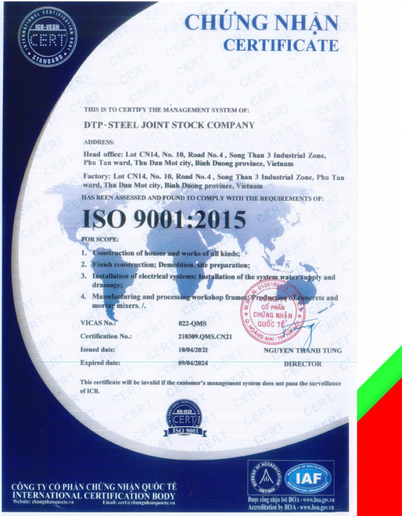 DTP – Steel is certified with ISO 9001:2015 Quality Management System.