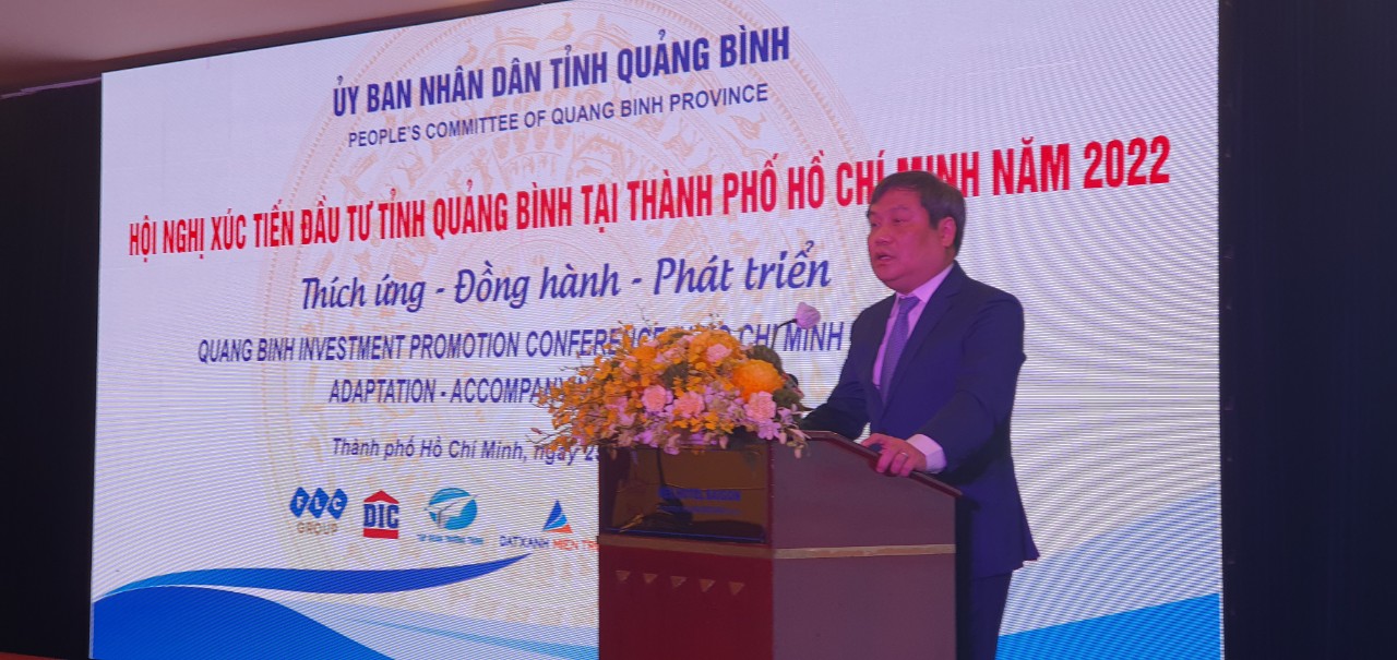 Bí thư tỉnh ủy Quảng Bình Vũ Đại Thắng nhắc lại lời cam kết của các nhà đầu tư tại Hội nghị xúc tiến đầu tư Quảng Bình 2022 diễn ra tại TP. Hồ Chí Minh