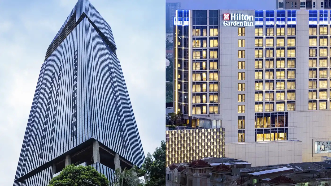 Khách sạn Phương Đông Jakarta, bên trái và khách sạn Hilton Garden Inn Jakarta Taman Palem, bên phải, đã giải quyết những ảnh hưởng của đại dịch coronavirus. (Nguồn ảnh do khách sạn cung cấp)