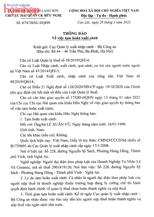 Thông báo số 674/TBXC-HQHN về việc tạm hoãn xuất cảnh đối với ông Lê Xuân Vũ