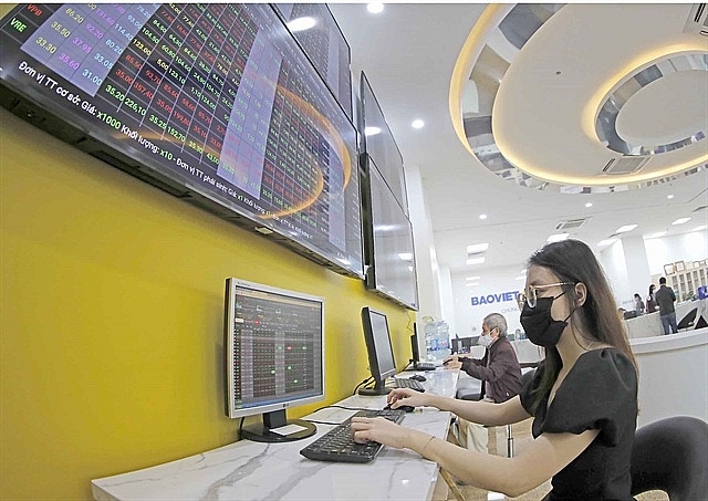 An investor monitoring stock prices via a computer on the trading floor of Bao Viet Securities Co in Hanoi's Le Thai To Street. VNA/VNS Photo Tran Viet