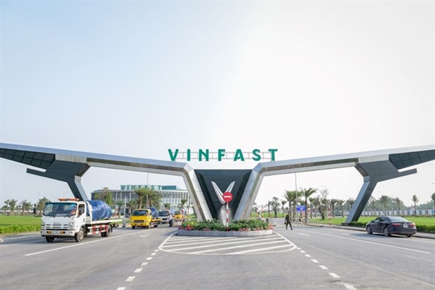 VinFast's welcome gate at its factory in Hai Phong. (Photo courtesy of Vingroup)