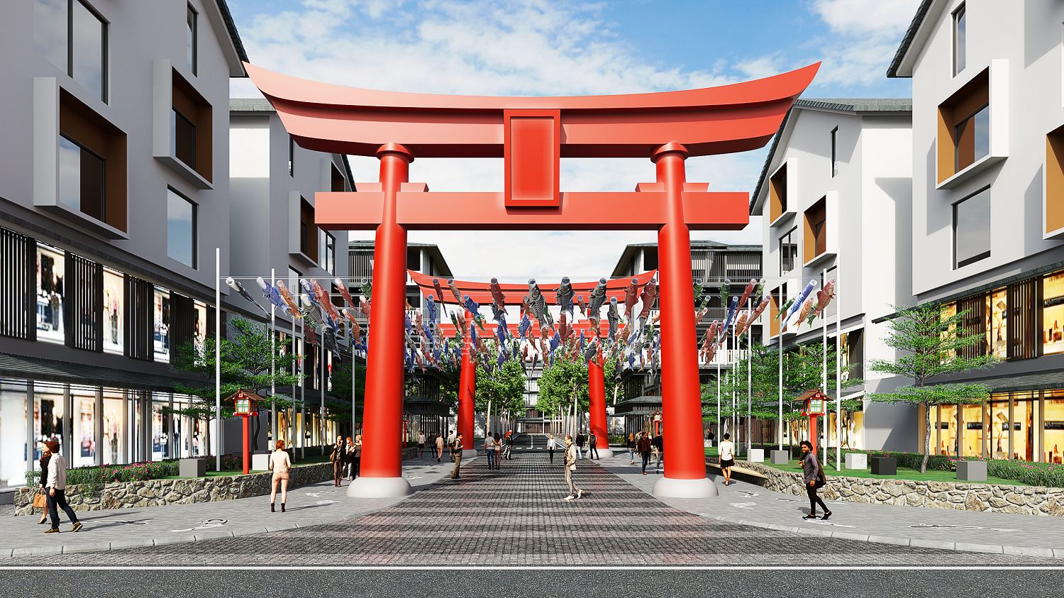 Biểu tượng cổng Torii, con đường cờ cá chép… tại phân khu Koto. Ảnh phối cảnh minh họa