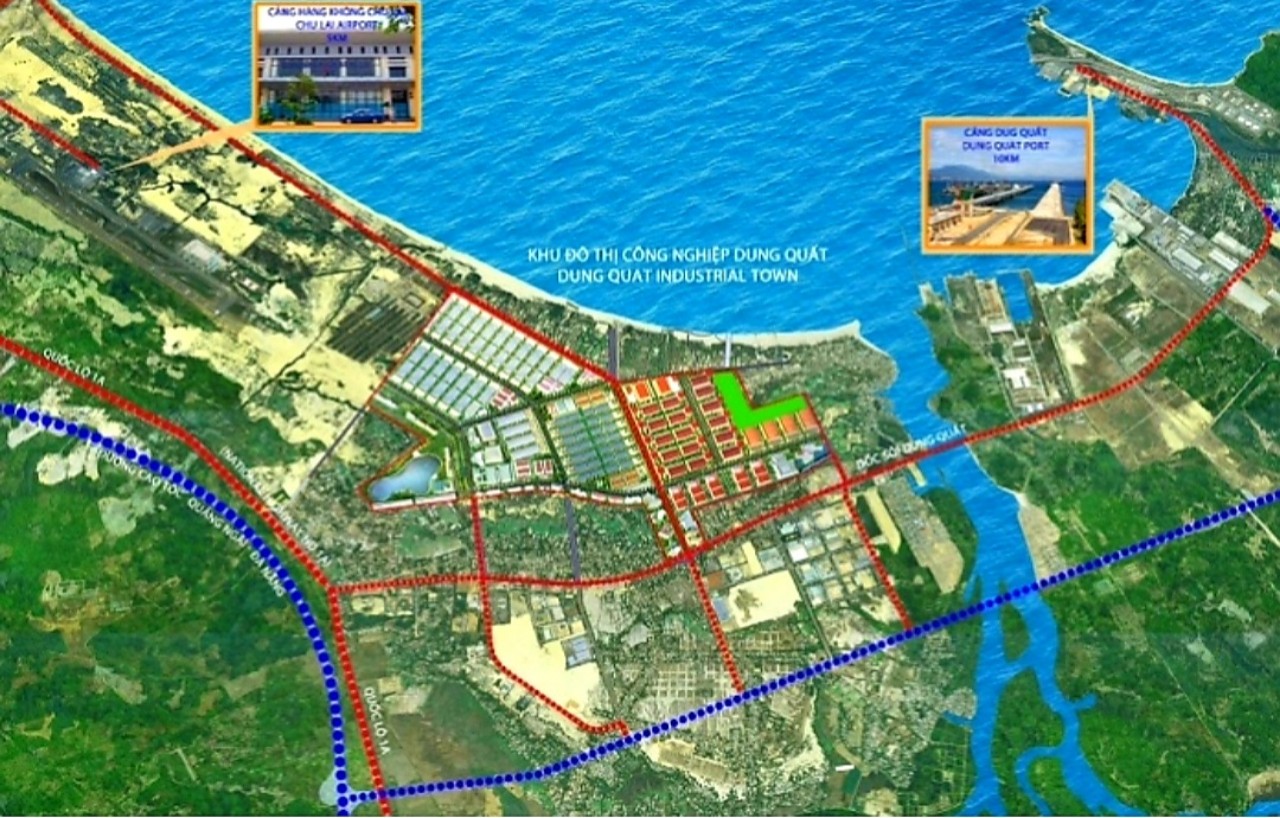 Trong số các dự án này điển hình là dự án Khu Đô thị Công nghiệp Dung Quất của Công ty CP Hoàng Thịnh Đạt. Theo quy hoạch, Khu Đô thị công nghiệp Dung Quất có diện tích 496ha, có vị trí đẹp gần với sân bay Chu Lai, sát bãi biển Khe Hai.