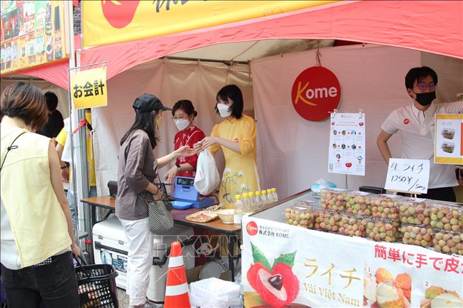 Quầy hàng giới thiệu và bán các sản phẩm nông sản Việt Nam tại lễ hội. Ảnh: TTXVN