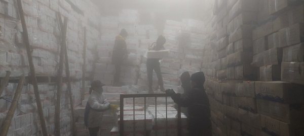 Các doanh nghiệp bốc xếp hàng thủy sản đông lạnh lưu kho tại Cảng ICD Thành Đạt (phường Hải Yên, Móng Cái) để xuất khẩu sang Trung Quốc (Ảnh: Báo Quảng Ninh)