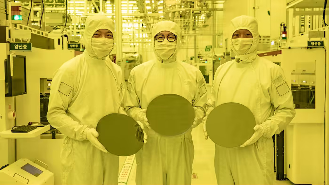 Các nhân viên của Samsung Electronics với tấm lót chip tại khuôn viên Hwaseong của tập đoàn, nơi những con chip 3 nm mới nhất sẽ được sản xuất hàng loạt. (Ảnh do Samsung Electronics cung cấp)