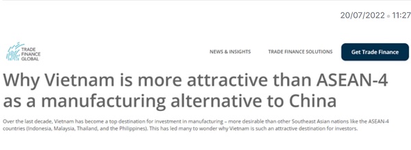 Bài viết về sự hấp dẫn của Việt Nam trên trang tin Tradefinanceglobal.com
