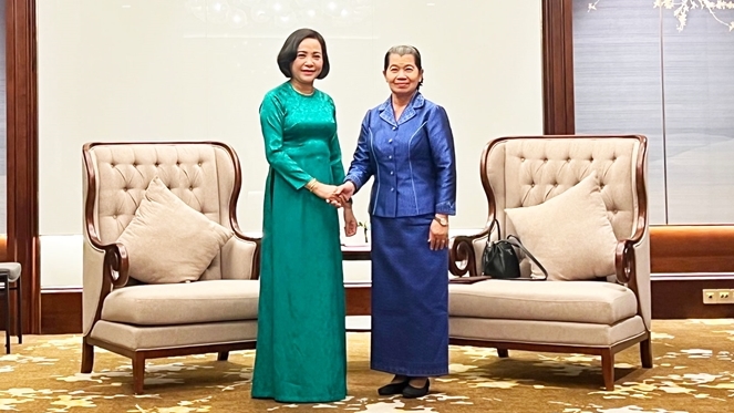 Chủ tịch Hội Hữu nghị Việt Nam - Campuchia Nguyễn Thị Thanh tiếp Chủ tịch Hội Hữu nghị Campuchia - Việt Nam Men Sam An tháng 6.2022