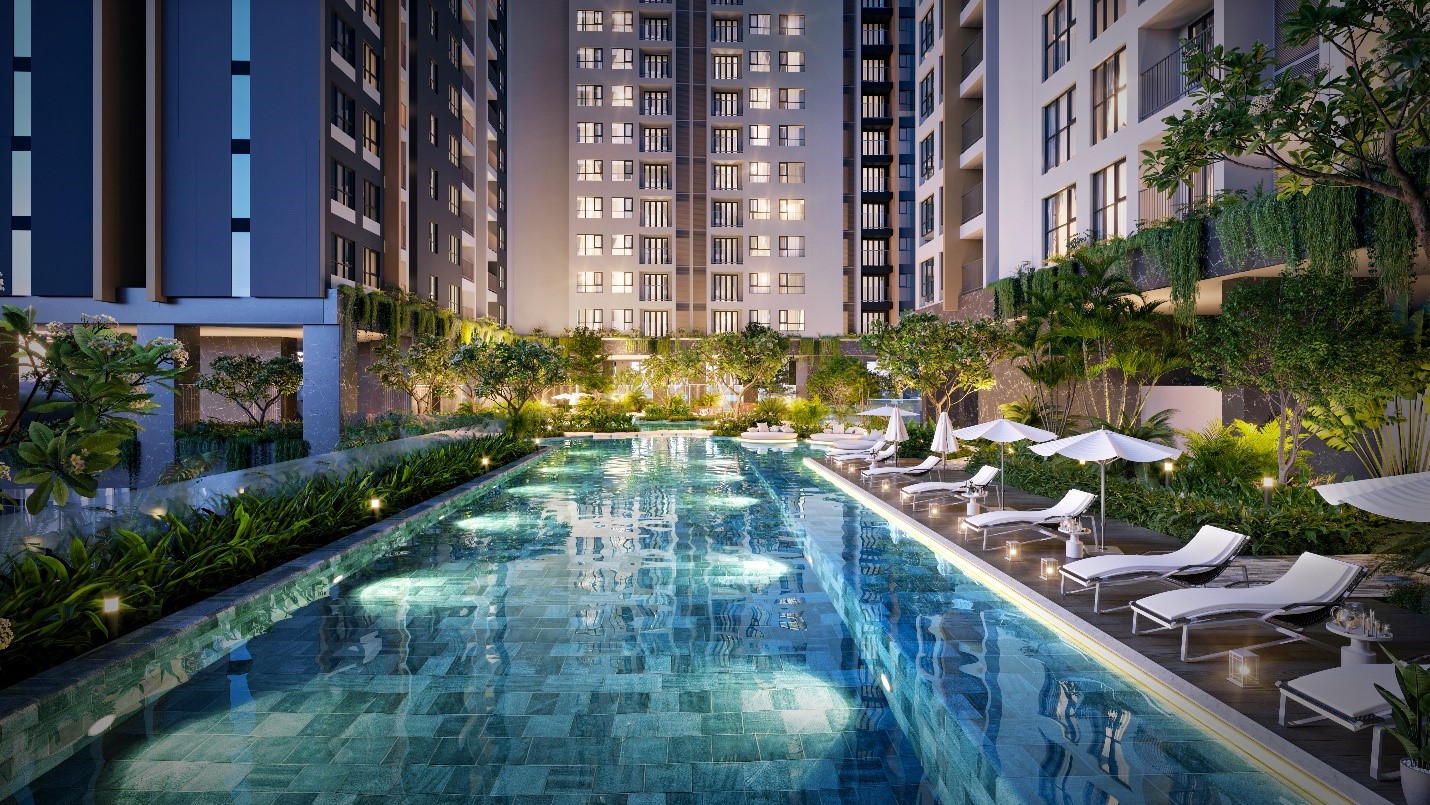 Photo 11: Away from four closed walls with industrial air conditioners, the large swimming pool in the middle of the green space is the perfect place to relax day and night, capturing all the sparkling scenery in sight.