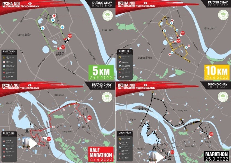 Hanoi Marathon Techcombank has a map of the routes for four different distances.