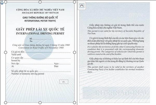 Mẫu Giấy phép lái xe quốc tế do Việt Nam cấp (Ban hành kèm theo Thông tư số 29/2015/TT-BGTVT
ngày 06 tháng 7 năm 2015 của Bộ trưởng Bộ Giao thông vận tải)