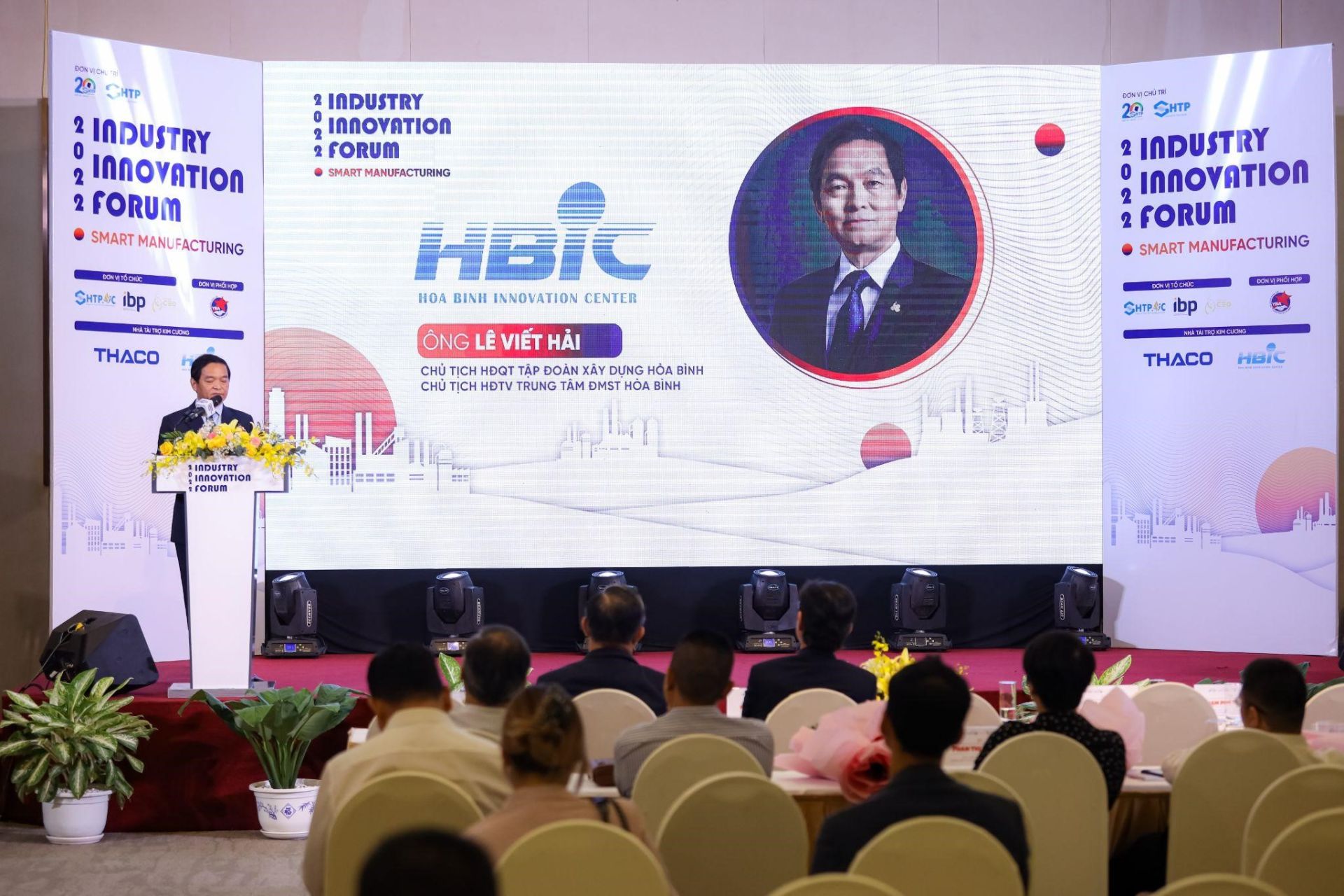 Ông Lê Viết Hải, Chủ tịch HĐQT Tập đoàn Xây dựng Hòa Bình, Chủ tịch HĐTV Trung tâm ĐMST Hòa Bình chia sẻ tại sự kiện