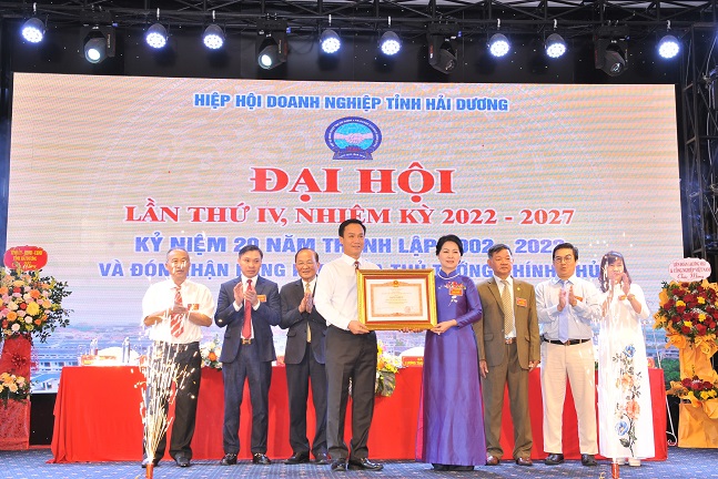 Ông Triệu Thế Hùng Chủ tịch UBND tỉnh trao Bằng khen của Thủ tướng Chính phủ cho Hiệp hội Doanh nghiệp tỉnh.