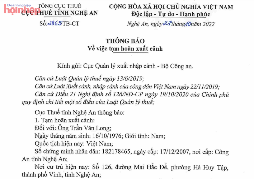 Văn bản thông báo số 2865/TB-CT của Cục thuế Nghệ An về việc hoãn xuất cảnh với chủ Công ty CP 482