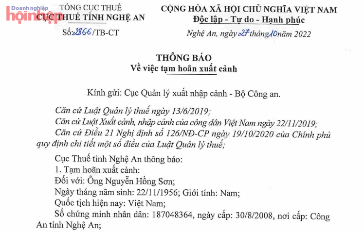 Ông Sơn bị tạm hoãn xuất cảnh do Công ty CP Hóa chất Vinh là doanh nghiệp thuộc trường hợp đang bị cưỡng chế thi hành quyết định hành chính về quản lý thuế.