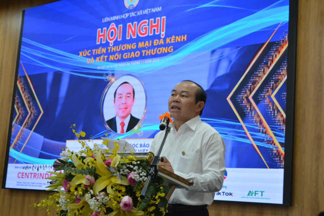 Ông Nguyễn Ngọc Bảo -  Bí thư Đảng Đoàn ,Chủ tịch Liên minh HTX Việt Nam  phát biểu tại hội nghị