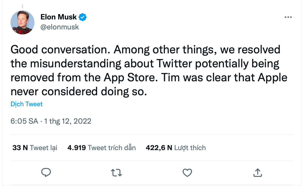 Bài đăng của vị tỉ phú cho biết hiểu lầm giữa hai bên đã được xoá bỏ. Ảnh: Twitter Elon Musk