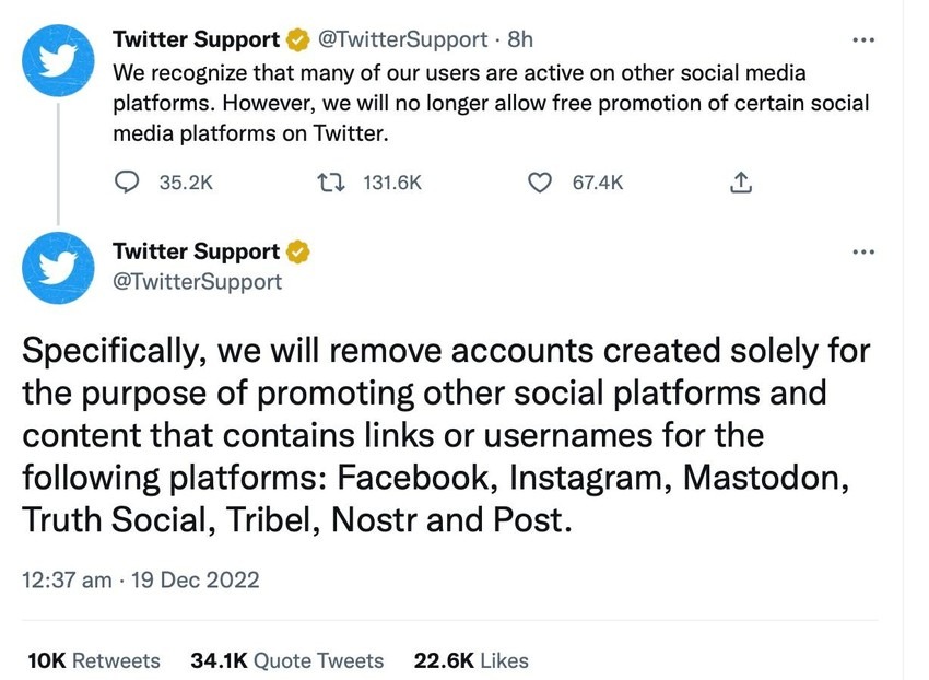 Twitter Support thông báo về việc sẽ xóa các tài khoản được tạo ra để quảng bá các mạng xã hội khác. Ảnh: TIỂU MINH